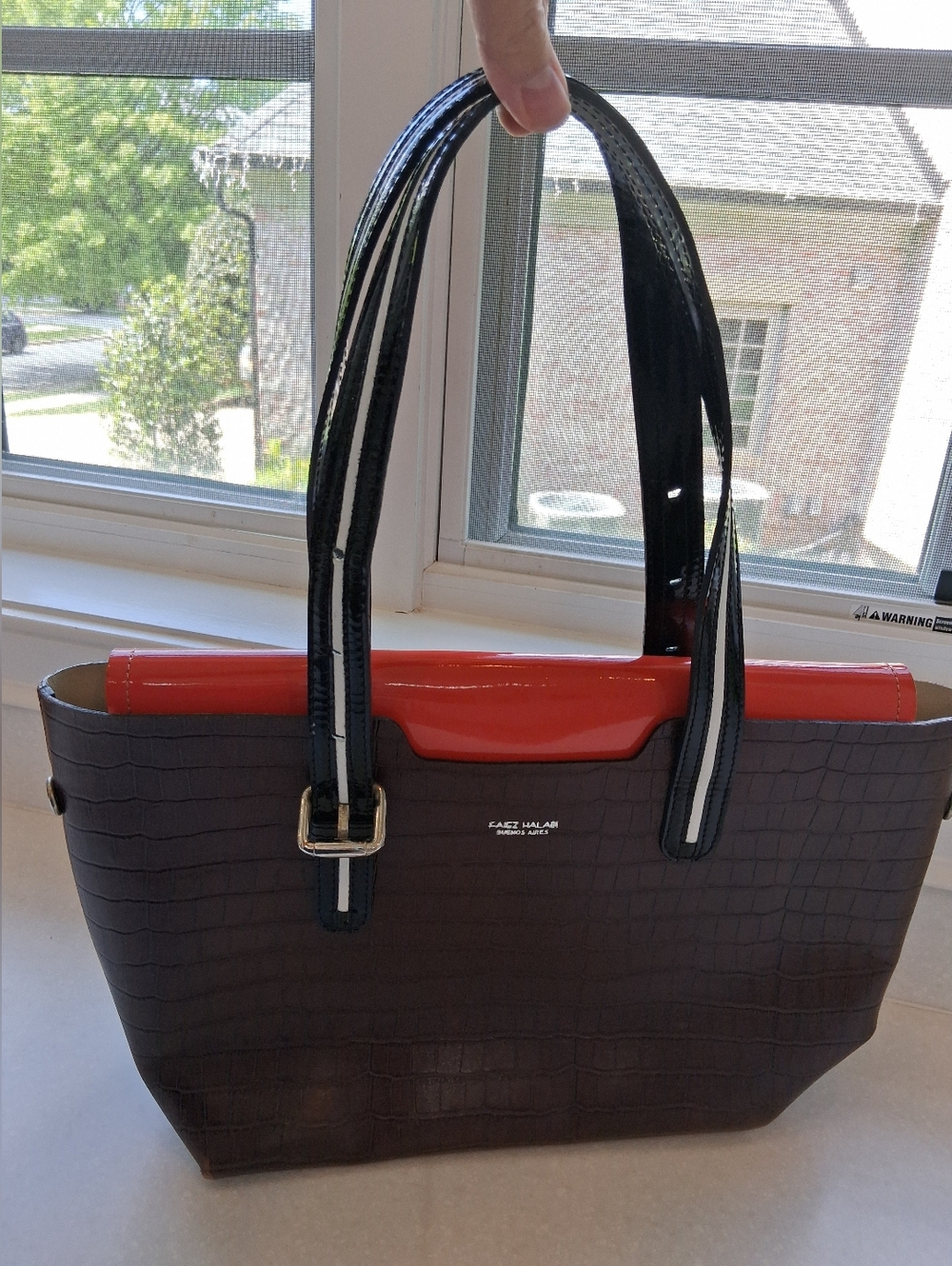 Patent-Trim Croc-Texture Tote in Brown and Red - Women Bags